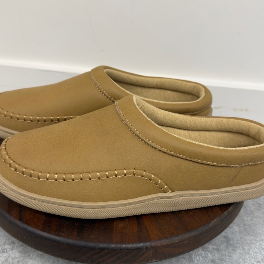 MyPillow‎ Women's All-Season Slip-On Slippers in tan leather.